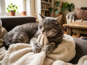 dult cat suckling and kneading a soft blanket