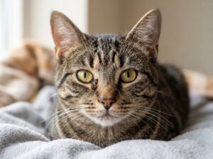 Small dry eye crust in the corner of a healthy cat’s eye