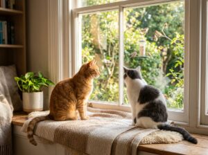 Two cats calmly sharing a sunny window without showing tension