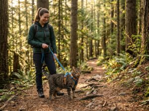 Confident tabby cat wearing a hiking harness while exploring a forest trail