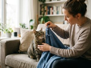 Cat chewing loose threads on a blanket while its owner intervenes