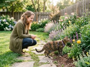 Owner allowing a harness-trained cat to explore a quiet backyard for the first time
