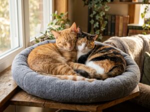 Two bonded cats sleeping side by side in the same comfortable cat bed