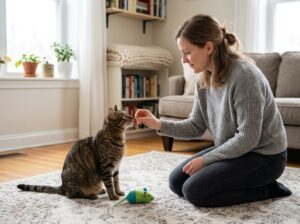 Owner rewarding a cat for choosing a toy instead of suckling a blanket