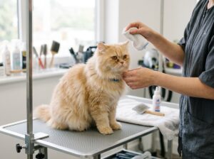 Flat-faced cat with mild tear staining beneath its eyes