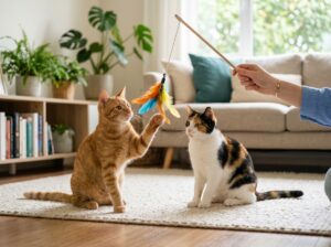 Two friendly cats playing together calmly with a feather toy in a living room