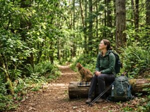 Cat calmly observing birds during a peaceful forest hike with its owner