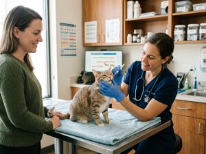 Veterinarian examining a cat with compulsive suckling behavior