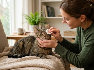 Owner safely wiping the corner of a cat’s eye with a soft damp pad