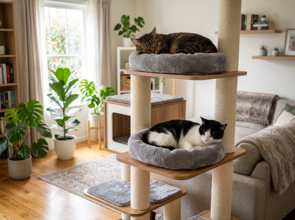 Two cats relaxing peacefully on separate levels of a large cat tree