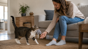 Cat bringing its favorite toy to the person it trusts