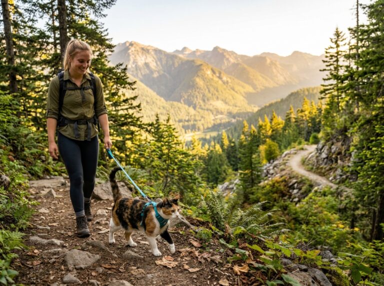 Adventurous tabby cat wearing a harness while hiking with its owner on a forest