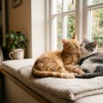 Two bonded cats resting closely together and touching noses