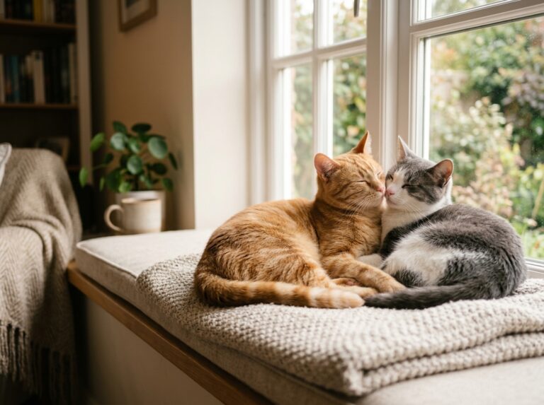 Two bonded cats resting closely together and touching noses