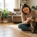 Owner gently cleaning mild discharge from a tabby cat’s eye