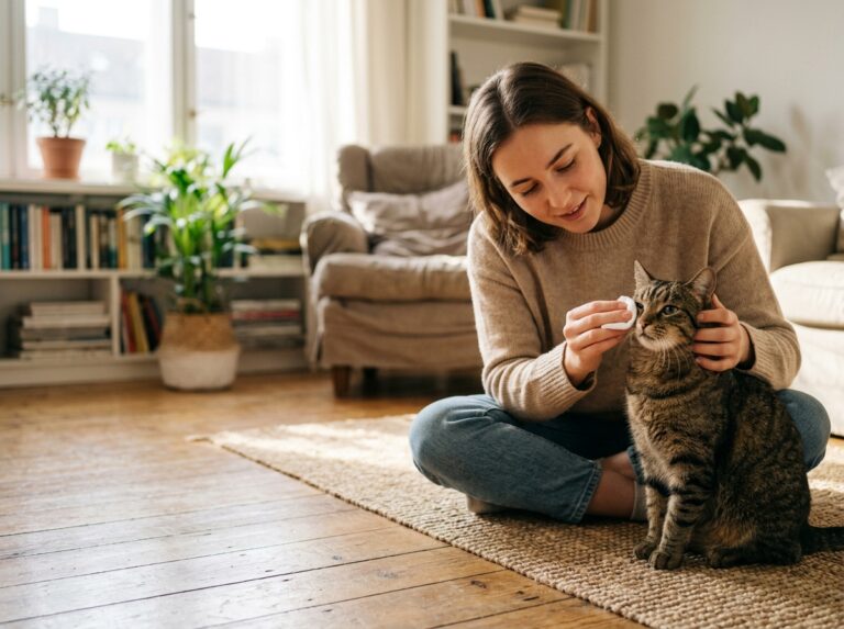 Owner gently cleaning mild discharge from a tabby cat’s eye
