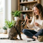 Owner teaching a tabby cat to give a high-five using positive reinforcement