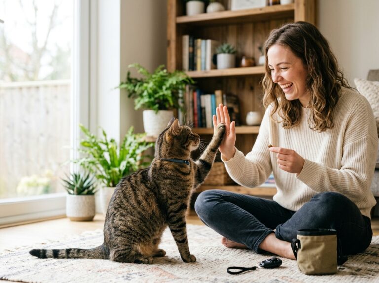 Owner teaching a tabby cat to give a high-five using positive reinforcement