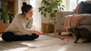 Owner gently encouraging a cat to play with a wand toy